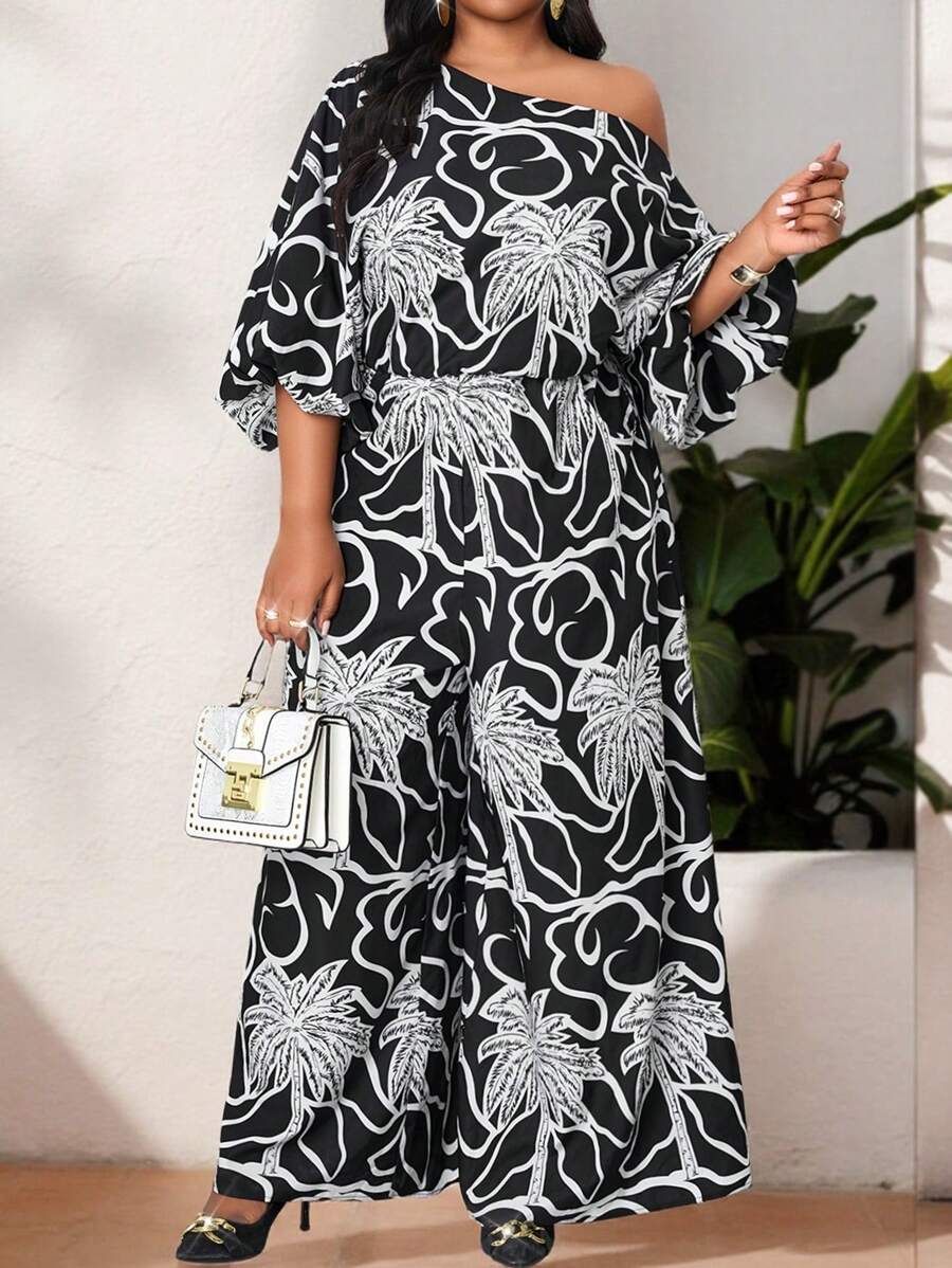 SHEIN Lady 春夏优雅复古工作休闲办公室黑白棕榈叶假日图案编织露肩舞会礼服主教袖露背新款大码连体裤