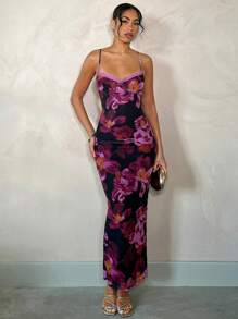 SHEIN BAE 花卉印花连衣裙，带蕾丝边细肩带，紧身曲线长裙，优雅女士连衣裙，适合度假、情人节约会、婚礼宾客、印花连衣裙