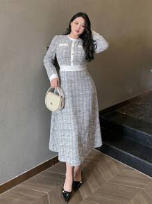 Dazy Petite Plus 大码拼色圆领中长连衣裙，黑白，90 年代春夏服装，秋季服装长袖格子连衣裙 - 黑與白 - 查看 7