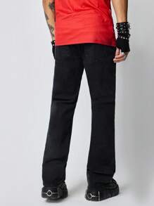 ROMWE MEN Street Life Men's Grunge Punk Casual Face Graphic Print Straight Leg Jeans - Black - View 4