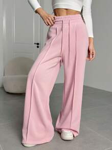 SHEIN Tall CURVE Quần dài ống rộng thời trang rộng rãi thoải mái có dây rút cho nữ cỡ lớn - Hồng - Xem 3