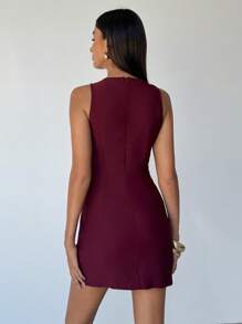 Aloruh Women's Elegant Metal Button Decoration Twist Waist Bodycon Mini Dress,Burgundy Summer Night Out Teacher Clothing Business Casual Mini Dress - Burgundy - View 4