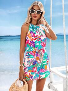 Vivid Eden 女士系带圆领印花休闲度假连体裤，女士度假装，女士沙滩装度假装 - 彩色 - 查看 4