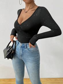 Chiquease Bodyduit ajustado y sexy de unicolor con lentejuelas, cuello escote corazón profundo y manga larga para mujeres - Negro - Ver 4