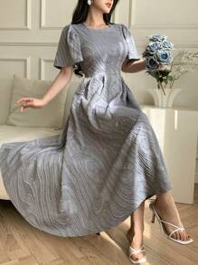 DAZY 女士优雅荷叶边袖 A 字中长连衣裙太阳裙，婚礼礼服 - 藍色 - 查看 4