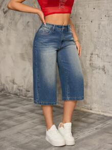 SHEIN SXY Vintage Blue Denim Cropped Wide-Leg Jeans For Women, American Streetwear Style With Cross Crystal Embellishment, Summer New Arrival