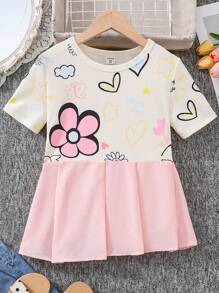 SHEIN Tween Girls' Loose Casual Patchwork Floral Print Round Neck Ruffle Hem T-Shirt - Pink - View 6