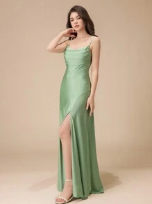 Fashions Teen Girl Green Simple And Generous Off The Shoulder Backless Shrinkage High-Split To The Leg Crossover Asymmetrical Fashionable Personalized Ruffles Halter Homecoming Dresses - Green - View 5