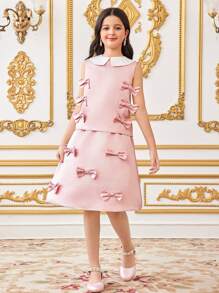 SHEIN Tween Girls Elegant Fitted Point Collar Colorblock Sleeveless Bow Decor Shirt & Shorts 2 Pieces Set