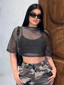 SHEIN SXY 时尚性感透明网眼短款上衣 - 黑色 - 查看 5