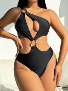 SHEIN Swim 1pc Women Solid Color Sexy Cutout One-Piece Swimsuit With Metal Decor, Spring Break Style