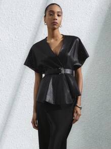 SHEIN Privé Camisa holgada de mujer con mangas con volantes, cintura ceñida y textura de tela de jacquard, con diseño elegante y vintage - Negro - Ver 4