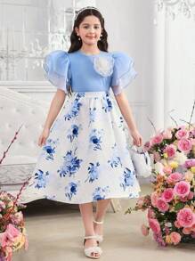 SHEIN Leap Crew Tween Girls 2pcs Set Layered Ruffle Sleeve Blouse & Floral Print Skirt - Blue and White - View 8