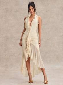 SHEIN BAE 优雅女士长裙，深 V 领，吊带设计，露背，褶皱紧身胸衣和高开衩，适合节日、派对、浪漫约会、与朋友聚会 - 杏色 - 查看 3