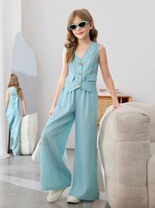 SHEIN Tween Girls' Casual Woven Striped Sleeveless Asymmetrical Hem Tank Top And Relaxed Fit Pencil Pants 2 Pieces Set, Mint Blue, Back To School, French Chic, Fashion Commute
