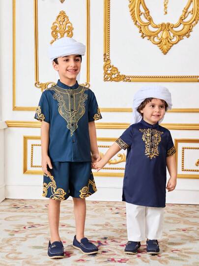 SHEIN 2 件套男婴优雅可爱夏季金色图案长衬衫、蓝色长袍配松紧腰带、白色休闲裤套装，适合生日派对、晚会、表演、婚礼、1 个月庆祝、1 岁生日和婴儿洗礼