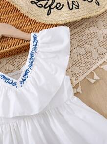 SHEIN Tween Girls' Casual V-Neck Embroidered Ruffle Trim Vacation Blouse - White - View 5