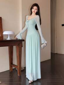 Modelyn Women's Mesh Tie-Up Flared Long Sleeve Asymmetrical Ruffle Elegant Date Night Dress Fall Cloth For Women - Mint Green - View 4