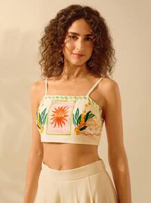 CAJUNI Regata Feminina Boho Estampa Divertida Tropical Colorida com Cadarço, Regata Casual de Praia Verão para Férias - Multicolorido - Visão 5