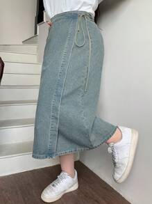 Dazy Plus 大码水洗做旧直筒系带连体牛仔裙，适合所有季节秋冬 - 藍色 - 查看 4
