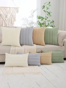 条纹提花枕套，亚麻布，适用于客厅和卧室装饰 - 卡其色 - 查看 1