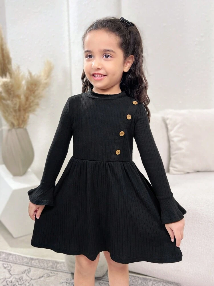 Young Girl Mock Neck Button Detail Flare Sleeve Dress