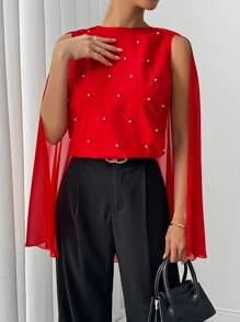 SHEIN Unity French Style Print Patchwork Long Sleeve Blouse, High-End Elegant Ladies Shirt Autumn Cloth For Women Party Date Night Red - Blue - View 6