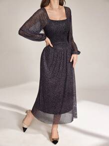 Modelyn Robe moulante à col carré, manches lanternes, doublure imprimé léopard pour femmes - Multicolore - Voir 3