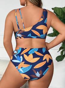SHEIN CURVE+ Plus Size Women Summer Tropical Leaf Print Patchwork Bikini Set - Black - View 2