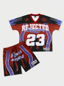 ROMWE MEN Prep Conjunto de camiseta de manga corta con cuello en V estampada digitalmente y shorts para hombres - Multicolor - Ver 4