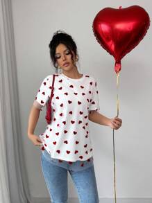 Chiquease Valentine's Day Date , Mesh & Heart Layered Loose Short Sleeve T-Shirt - White - View 3