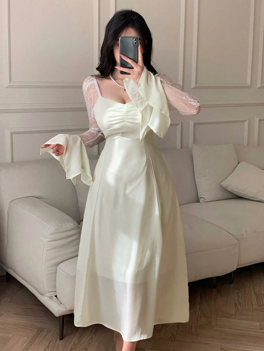 DAZY Spring Elegant Lace Patchwork Pleated Ruffle Sleeve Mid-Length Dress For Women Prom Dress,Fall Dress Long Sleeve Dress - Beige - View 1