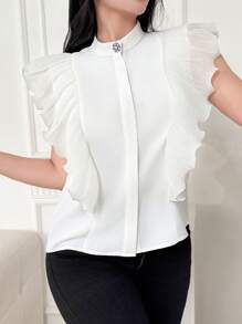 Modelyn Camisa casual de mujer de unicolor simple decorada con strass, para uso diario - Blanco - Ver 1