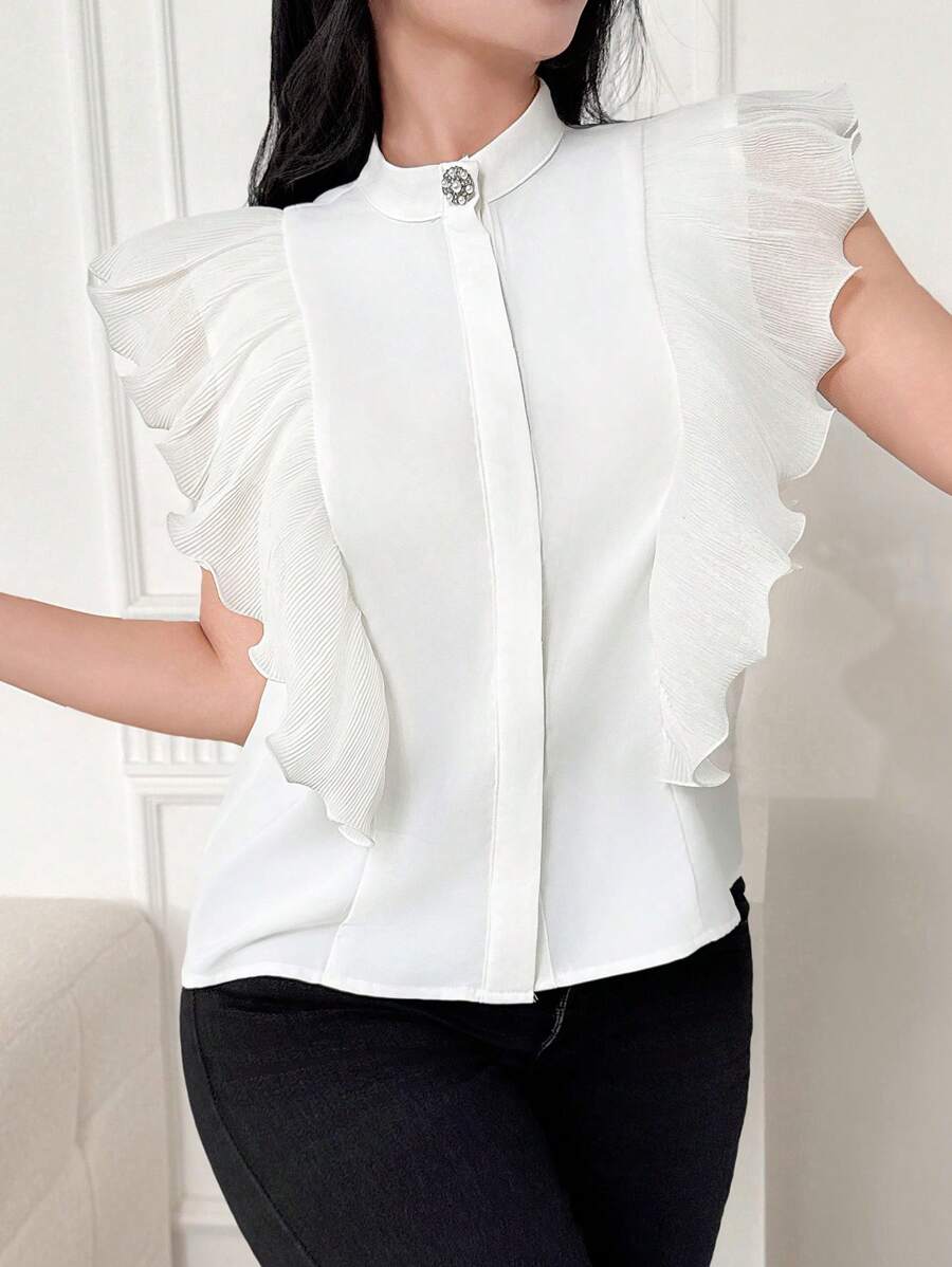 Modelyn Camisa casual de mujer de unicolor simple decorada con strass, para uso diario - Blanco - Ver 1