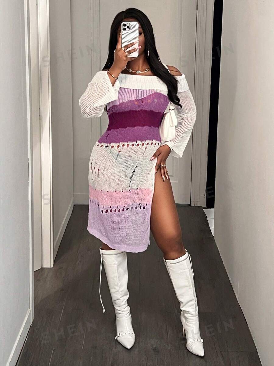 BamGleam Women's Color Block Off Shoulder Long Sleeve Split Hem Knit Dress Fall Cloth For Women - Multicolor - View 1
