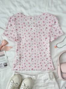 SHEIN 少女夏日阳光甜美撞色蕾丝荷叶边蝴蝶结碎花玫瑰印花短袖 T 恤，可爱上衣 - 粉色 - 查看 2