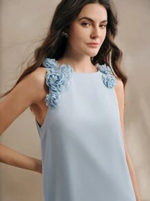 Anewsta 优雅花卉装饰 A 字型迷你连衣裙，适合派对、夏季休闲节日 - 淺藍色 - 查看 7