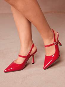 CUCCOO CURVES 女士纯色水钻装饰宽版高跟鞋 - 紅色 - 查看 9