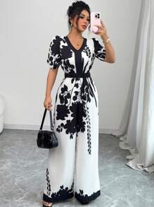 Chiquease بيجامة فضفاضة للسيدات ذات خصر محكم بطباعة رقمية أنيقة