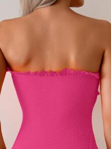 Swim Basics Women's Summer Beach Black Textured Fabric Ruffle Trim Bandeau One-Piece Swimsuit With Waist Drawstring