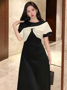 DAZY Women's Round Neck Contrast Color Short Sleeve Dress Prom Dress