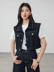Dazy-Less Women Short Denim Vest Top - Dark Wash - View 1