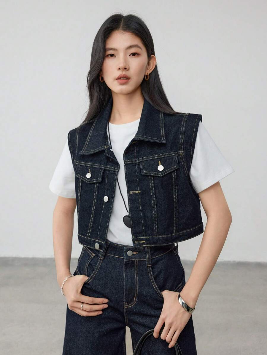 Dazy-Less Women Short Denim Vest Top - Dark Wash - View 1