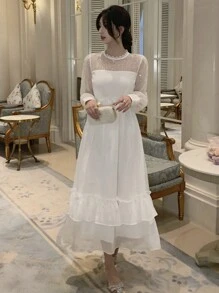 DAZY Damska sukienka na co dzień z długim rękawem, falbanką, z koronkowym kołnierzykiem i stójką, jesienna - Biały - Zobacz 6