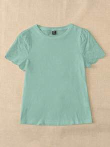EMERY ROSE Solid Eyelet Embroidery Scallop Trim Tee - Mint Green - View 6