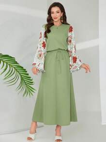 Mulvari Damen Set aus unifarbener Patchwork-Bluse mit Rundhalsausschnitt und Langarm und Rock, 2-teilig