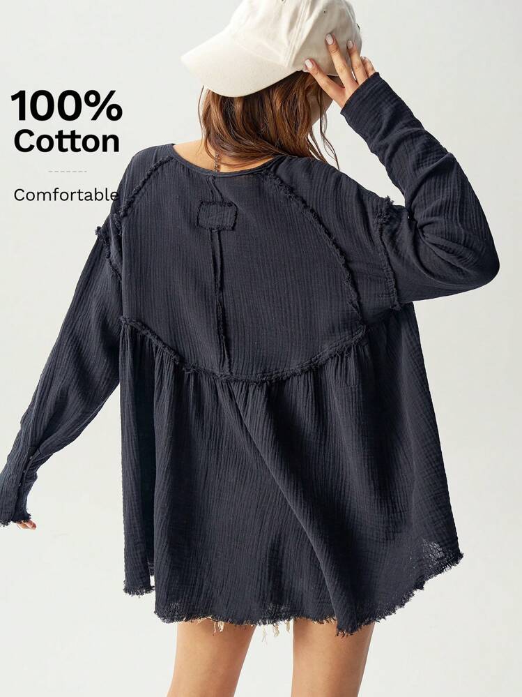 Bohemela 女士纯色宽松长袖圆领超长衬衫，度假装 - 黑色 - 查看 8