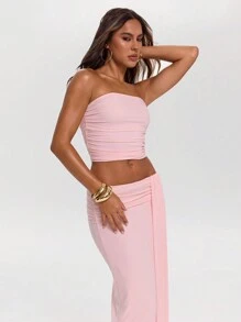 SHEIN BAE Conjunto elegante de top bandeau plisado de unicolor y falda con dobladillo de cola de sirena para mujer