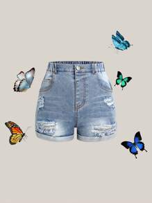 Tween Girls' New Y2K Casual Fitted Ripped Distressed Denim Shorts, Suitable For Daily Wear, Minimalist Fashion Versatile