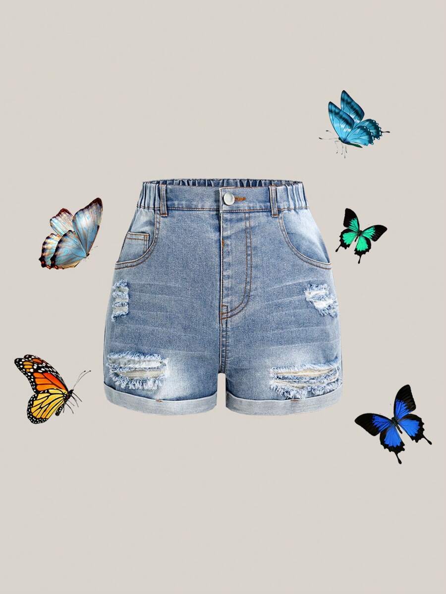 Tween Girls' New Y2K Casual Fitted Ripped Distressed Denim Shorts, Suitable For Daily Wear, Minimalist Fashion Versatile